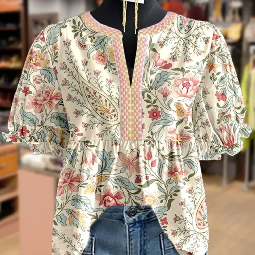 Vintage Floral Print Puff Sleeve Top